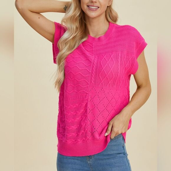 Double Take Full Size Cable-Knit Round Deep Pink  Knit Women's Top - Picture 2 of 9